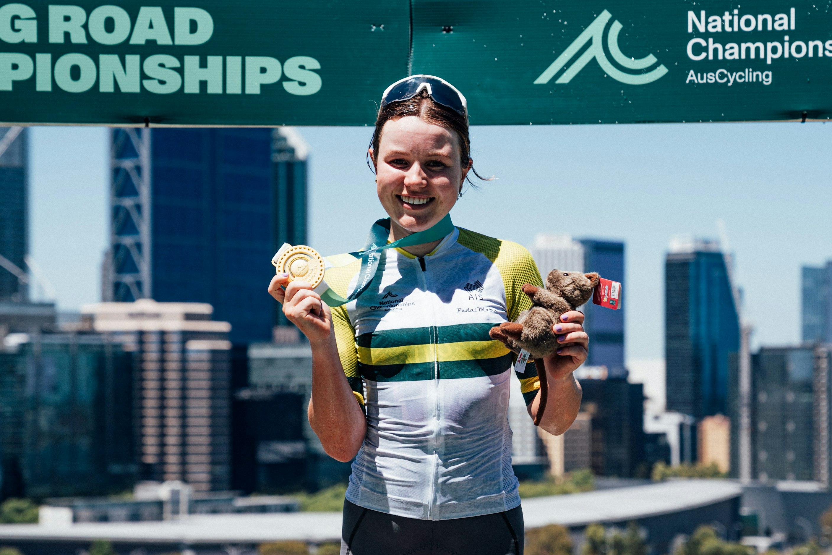 Lucinda Lucie Stewart with her gold medal and national championship jersey at the 2025 AusCycling Road National Championships, Perth