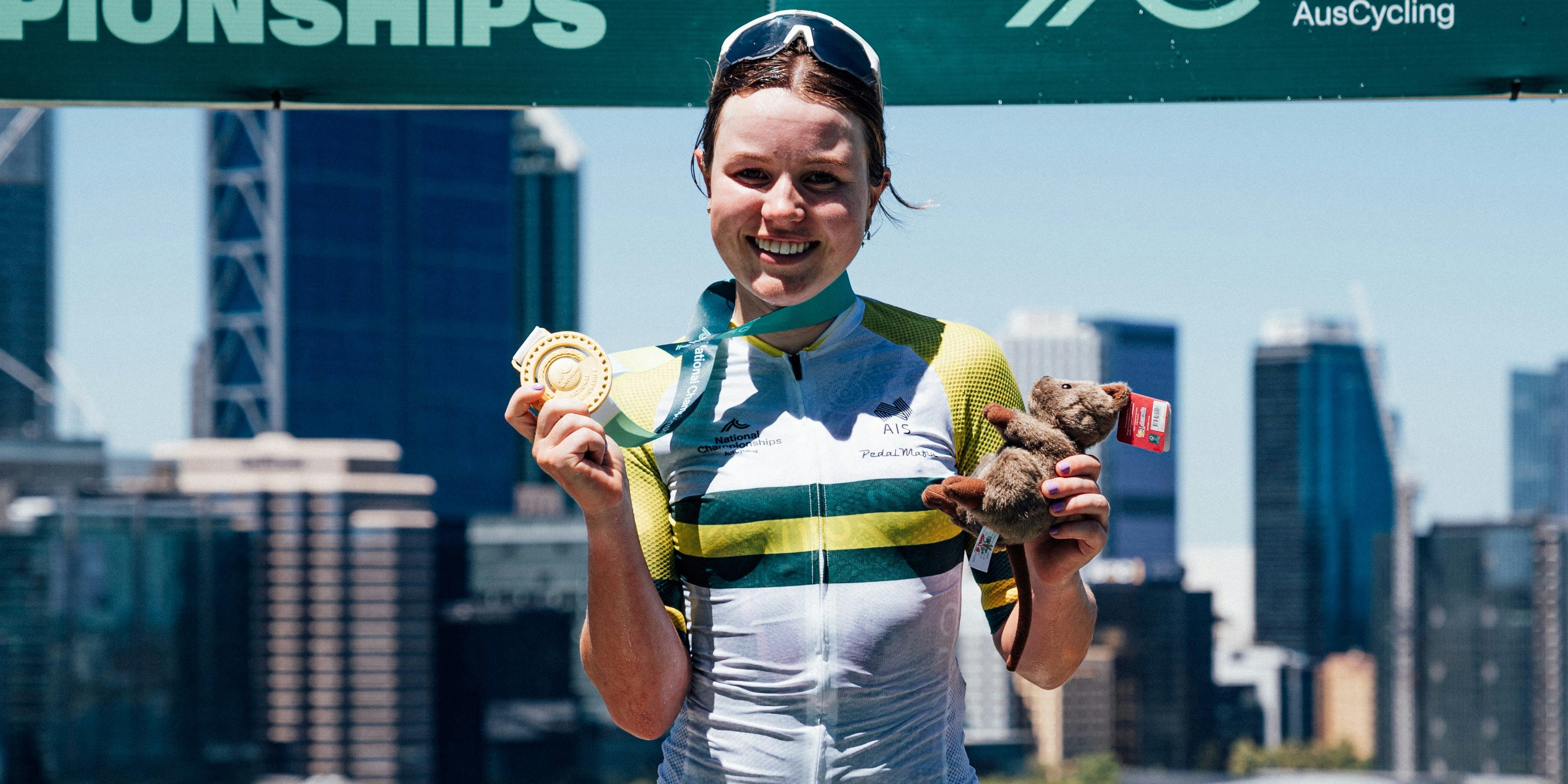 Lucinda Lucie Stewart with her gold medal and national championship jersey at the 2025 AusCycling Road National Championships, Perth