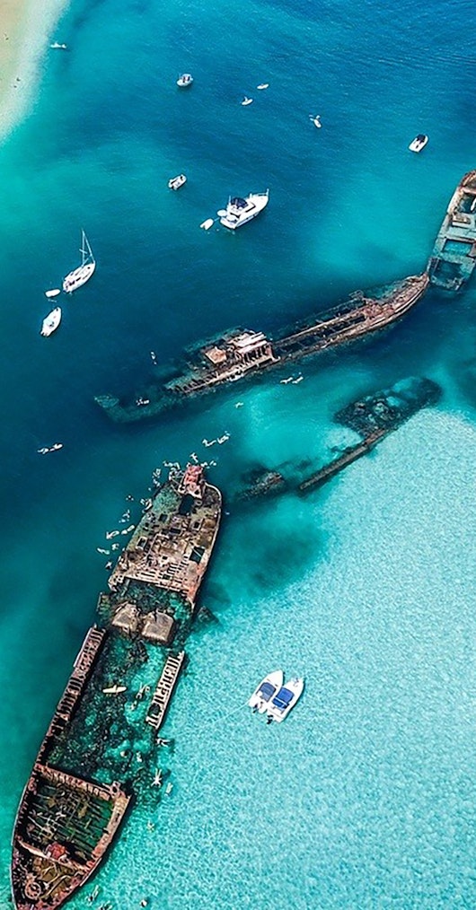 Aerial photo of Tangalooma wrecks, Moreton Island