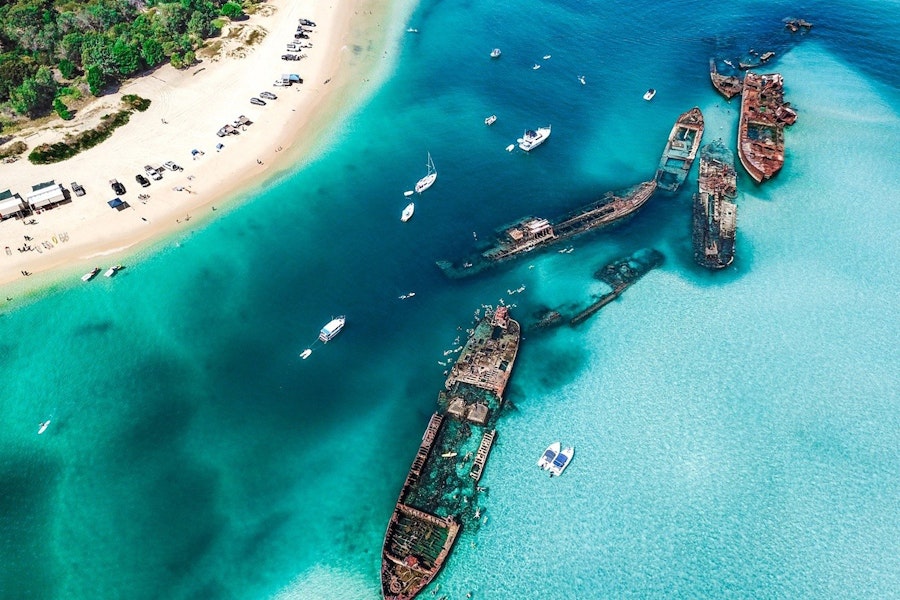 Aerial photo of Tangalooma wrecks, Moreton Island
