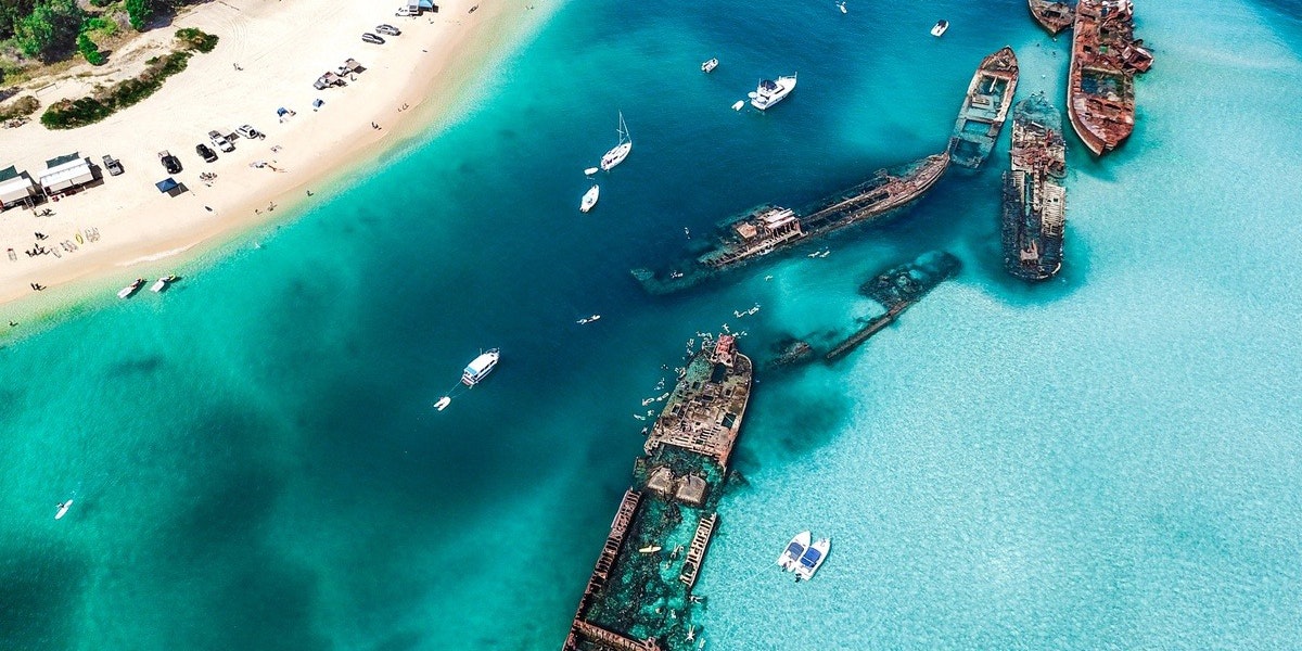 Aerial photo of Tangalooma wrecks, Moreton Island