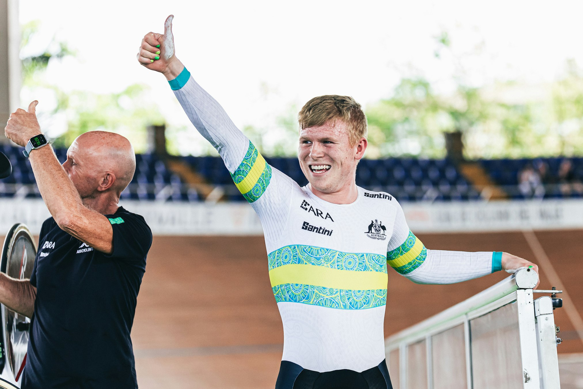 Tayte Ryan celebrating his 1000m time trial junior world championship in Cali, Colombia. Picture: UCI/SWpix.com.