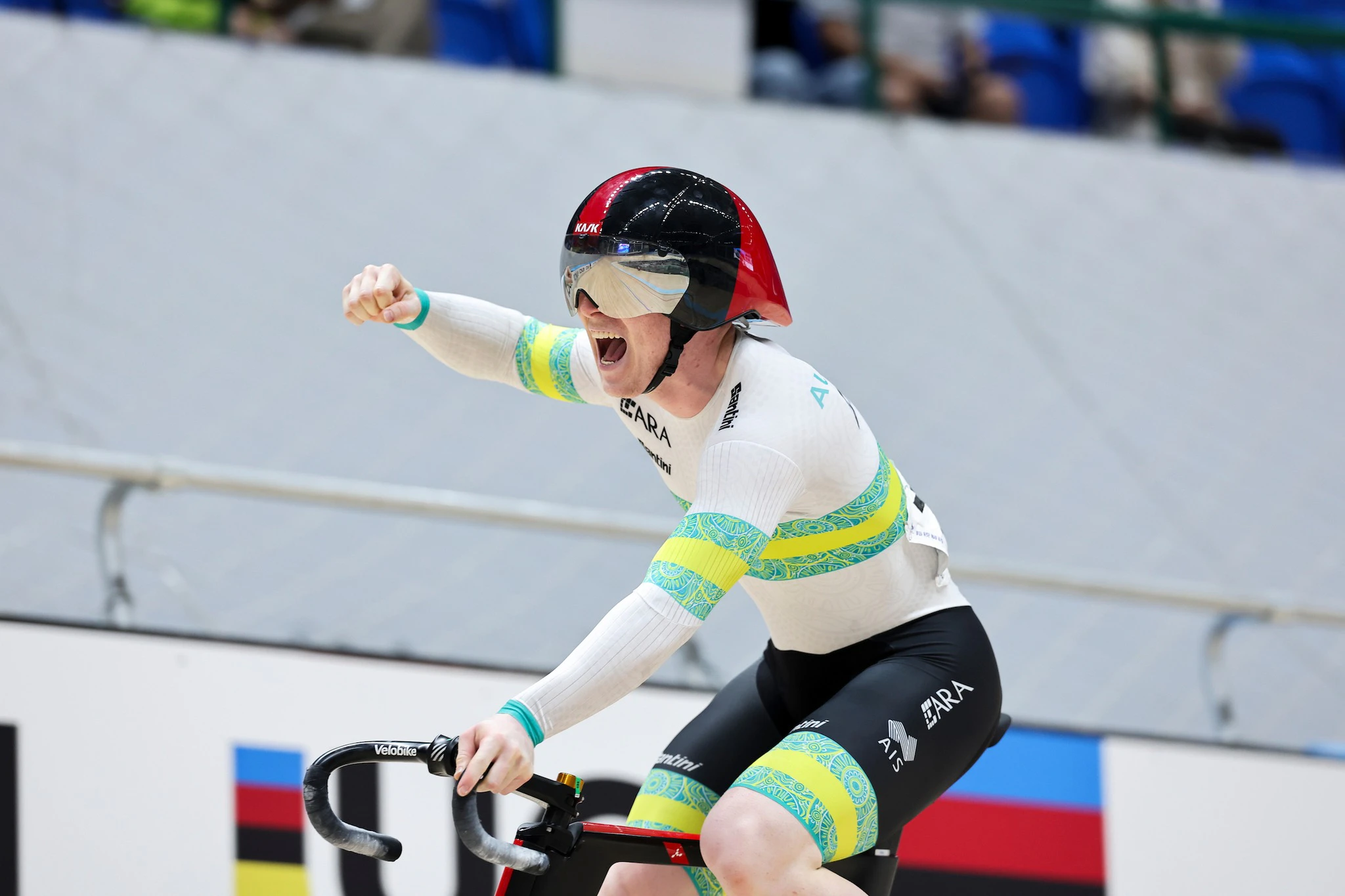 Tayte Ryan celebrating his junior sprint world title at the 2024 UCI Junior Track World Championships in Luoyang, China. Picture: UCI/SWpix.com