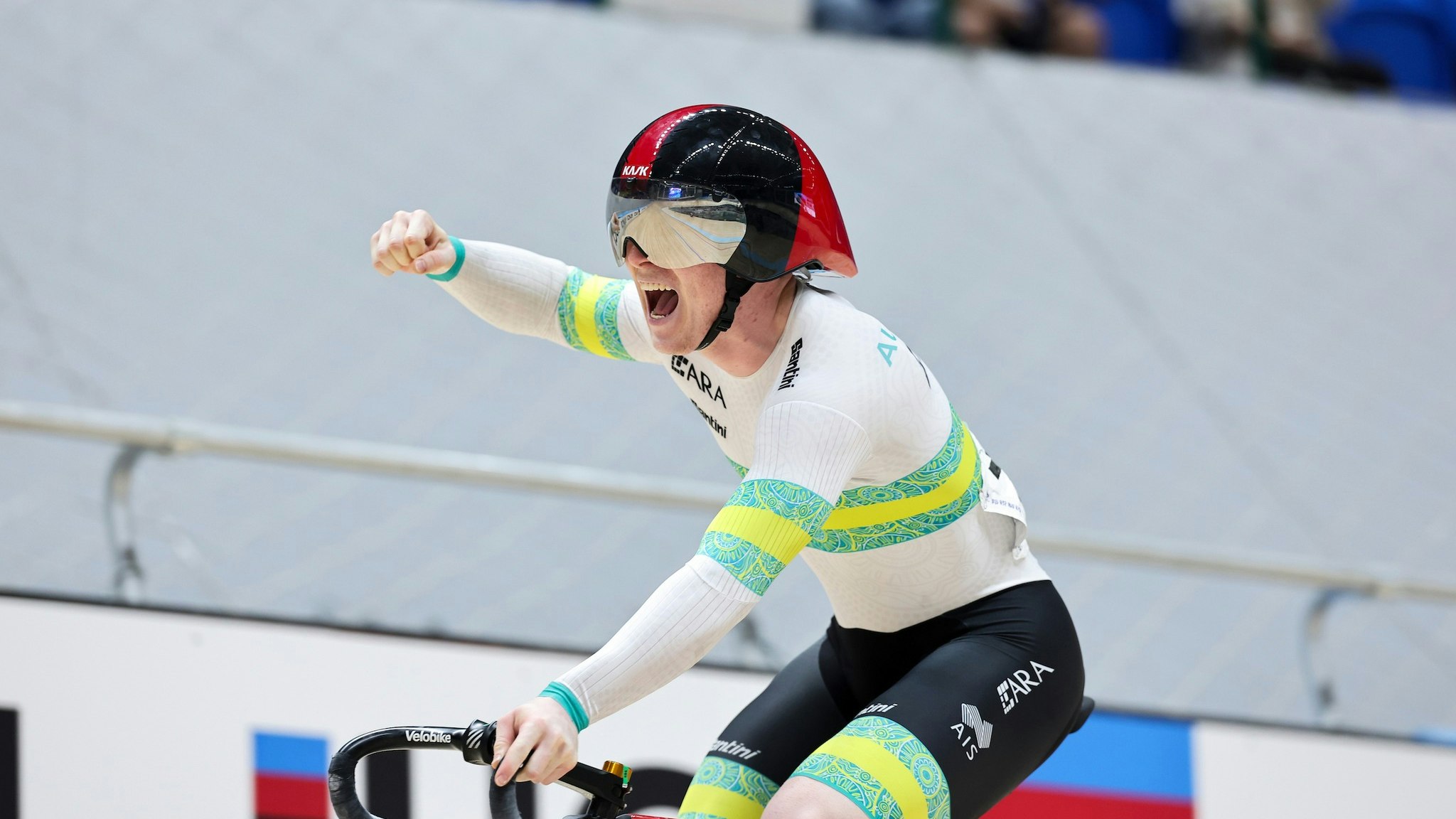 Tayte Ryan celebrating his junior sprint world title at the 2024 UCI Junior Track World Championships in Luoyang, China. Picture: UCI/SWpix.com