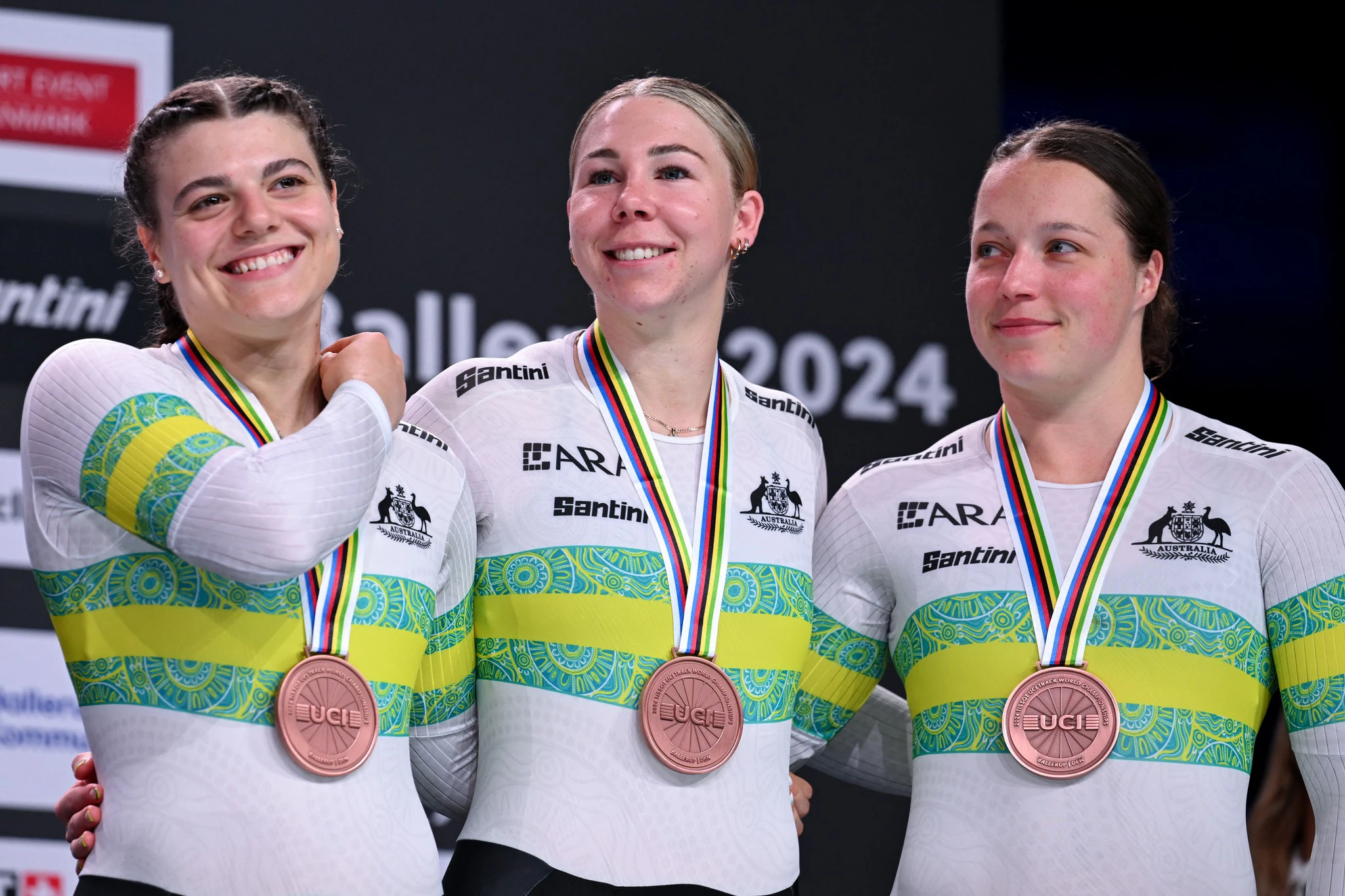 Alessia McCaig, Molly McGill and Kristina Clonan win women's team sprint bronze at the 2024 UCI Track World Championships in Ballerup, Denmark. Picture: Jonathan Nackstrand / AFP / Getty Images
