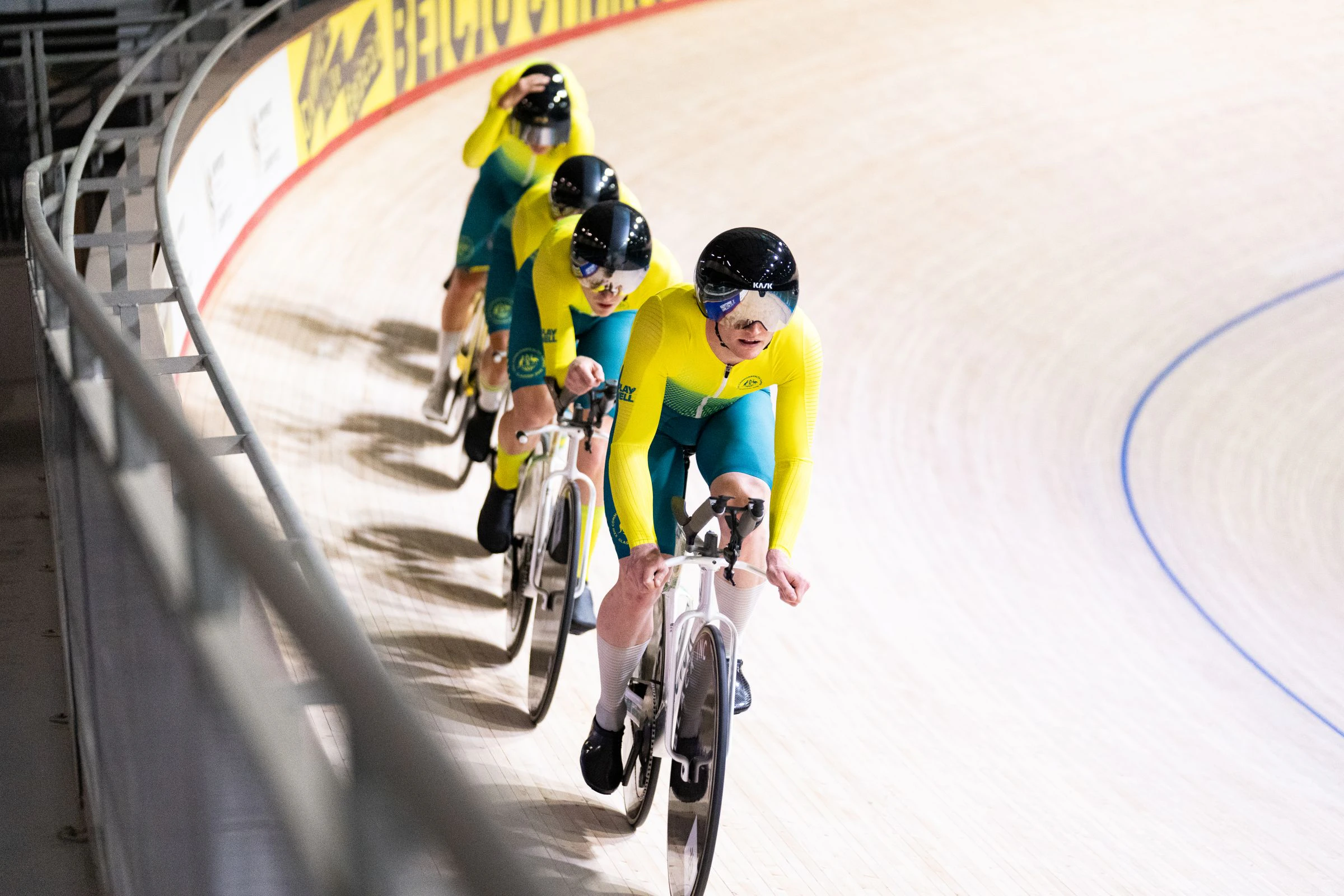 Tom Cornish of the Australian Cycling Team leads the men's team pursuit squad in training at a staging camp ahead of the 2026 Commonwealth Games in Glasgow, Scotland