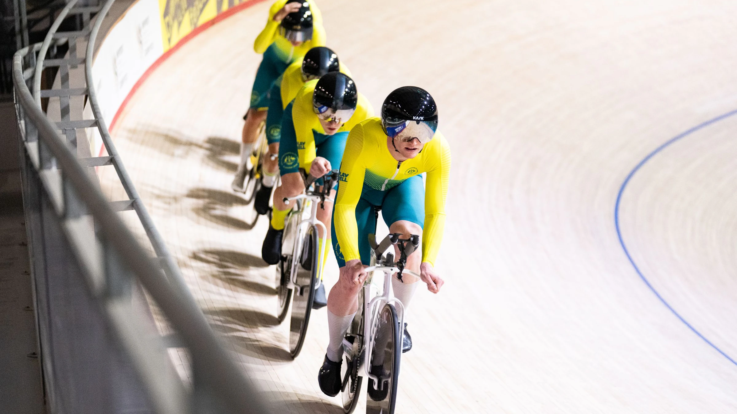 Tom Cornish of the Australian Cycling Team leads the men's team pursuit squad in training at a staging camp ahead of the 2026 Commonwealth Games in Glasgow, Scotland