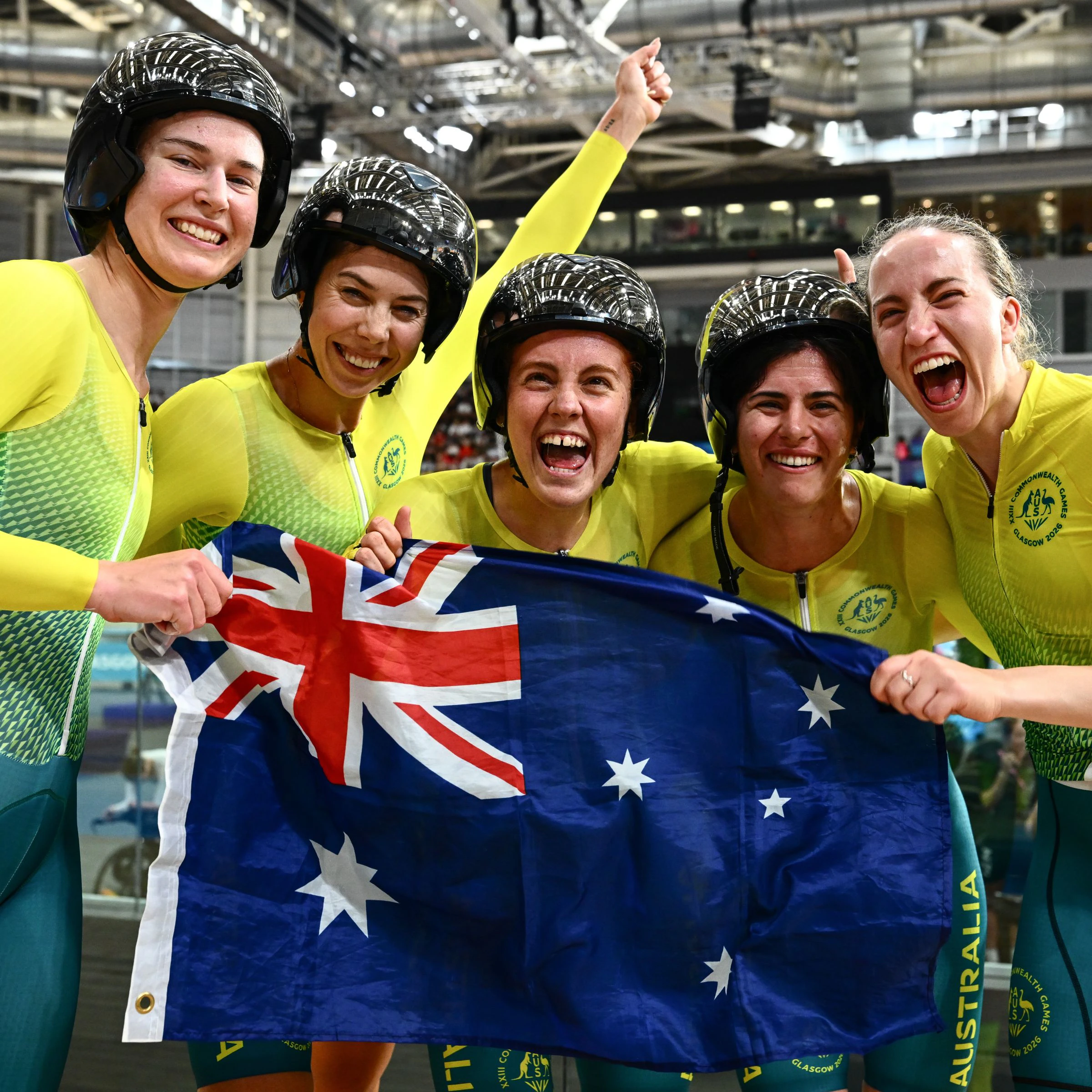 Australia's women team pursuit celebrate winning gold at the Glasgow 2026 Commonwealth Games