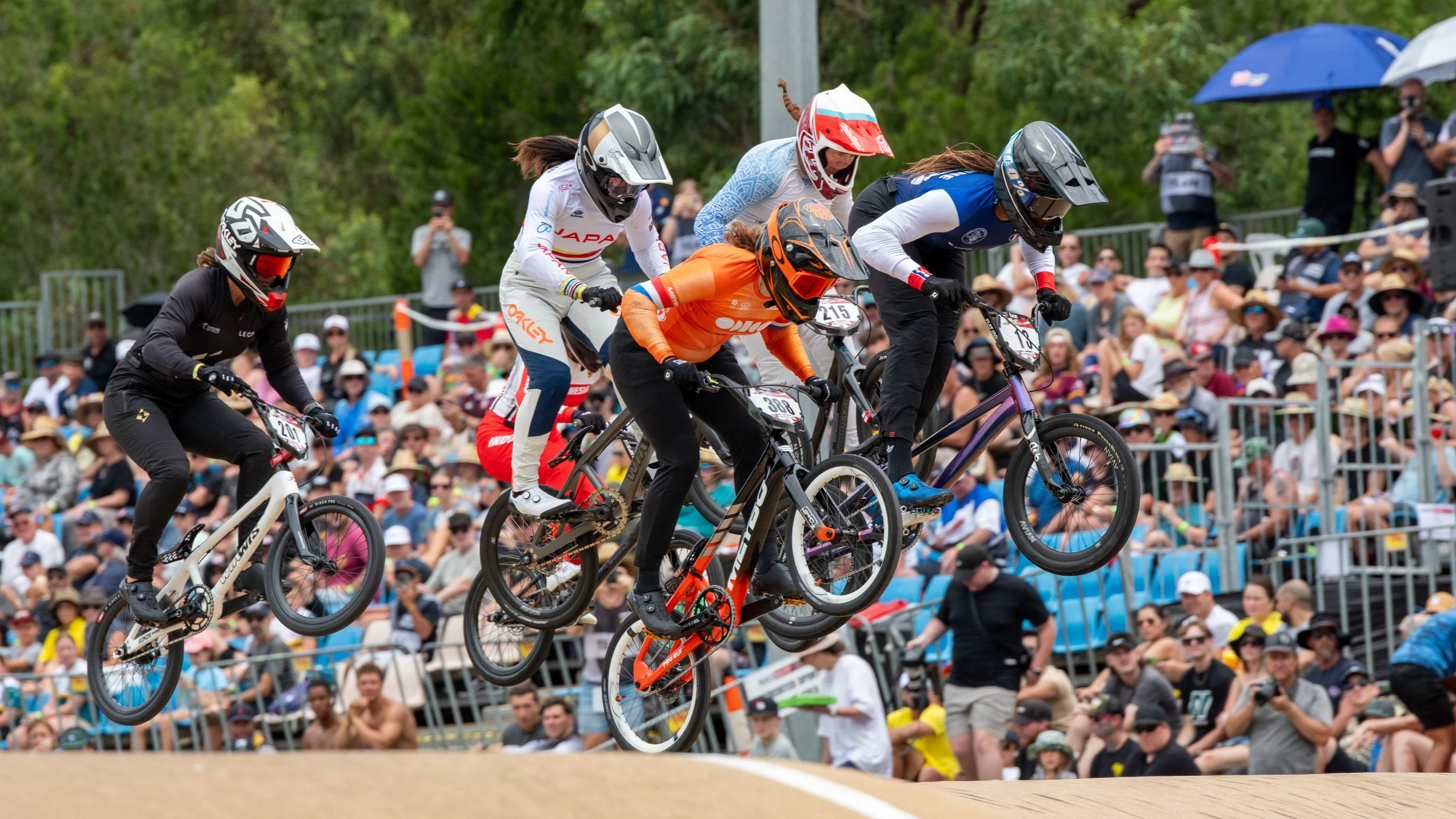 Athletes from many nations competing in a BMX Racing UCI event in Brisbane, Queensland
