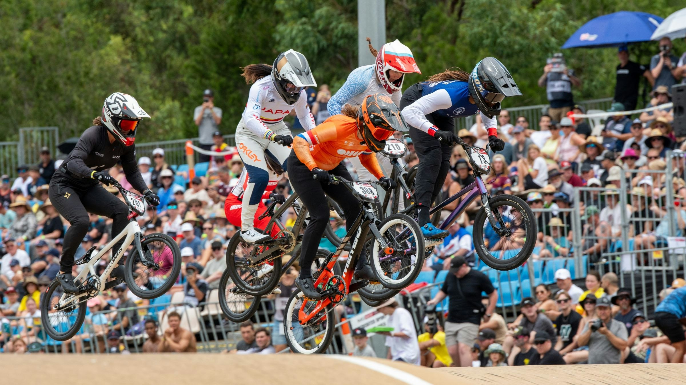 Athletes from many nations competing in a BMX Racing UCI event in Brisbane, Queensland
