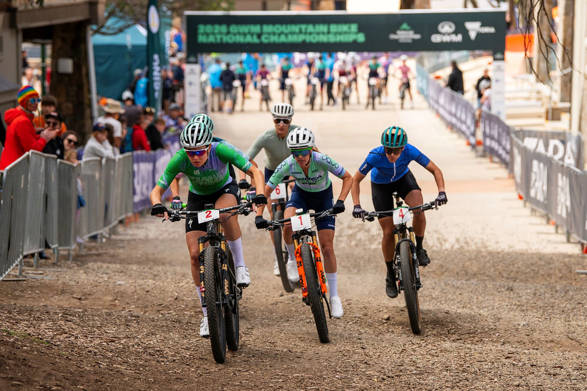 Elite women starting a cross-country Olympic race at an AusCycling mountain bike National Championship in 2026