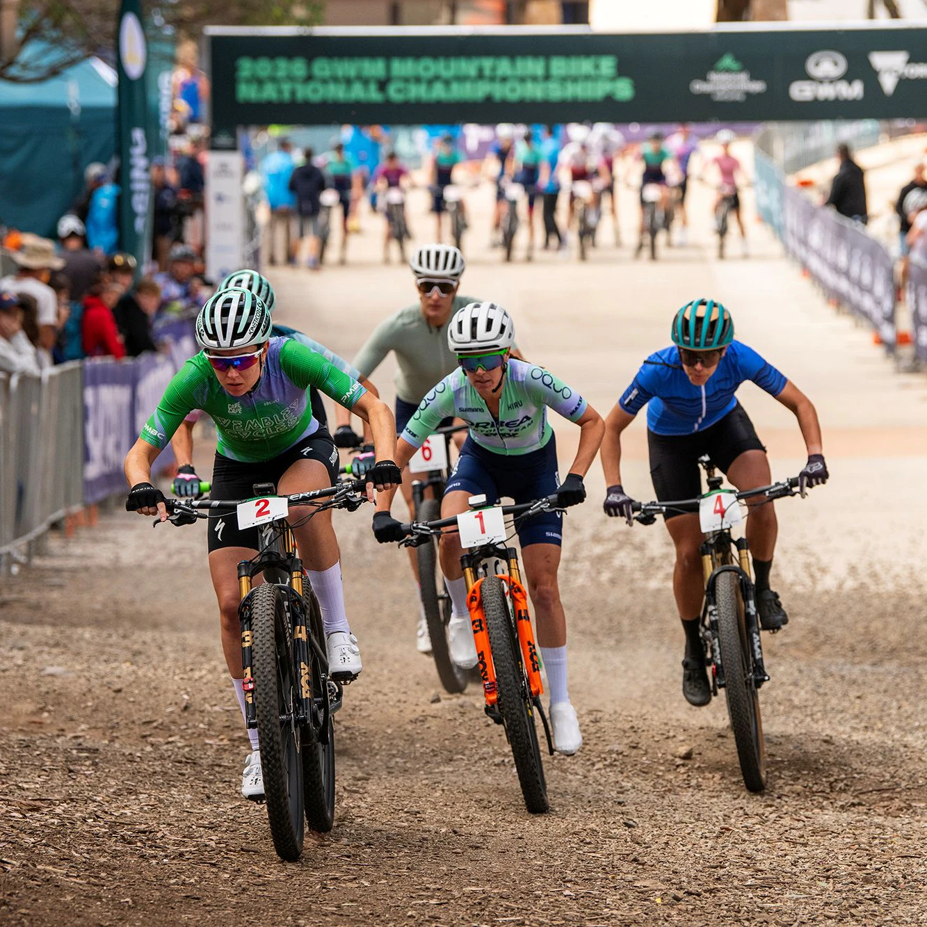 Elite women starting a cross-country Olympic race at an AusCycling mountain bike National Championship in 2026